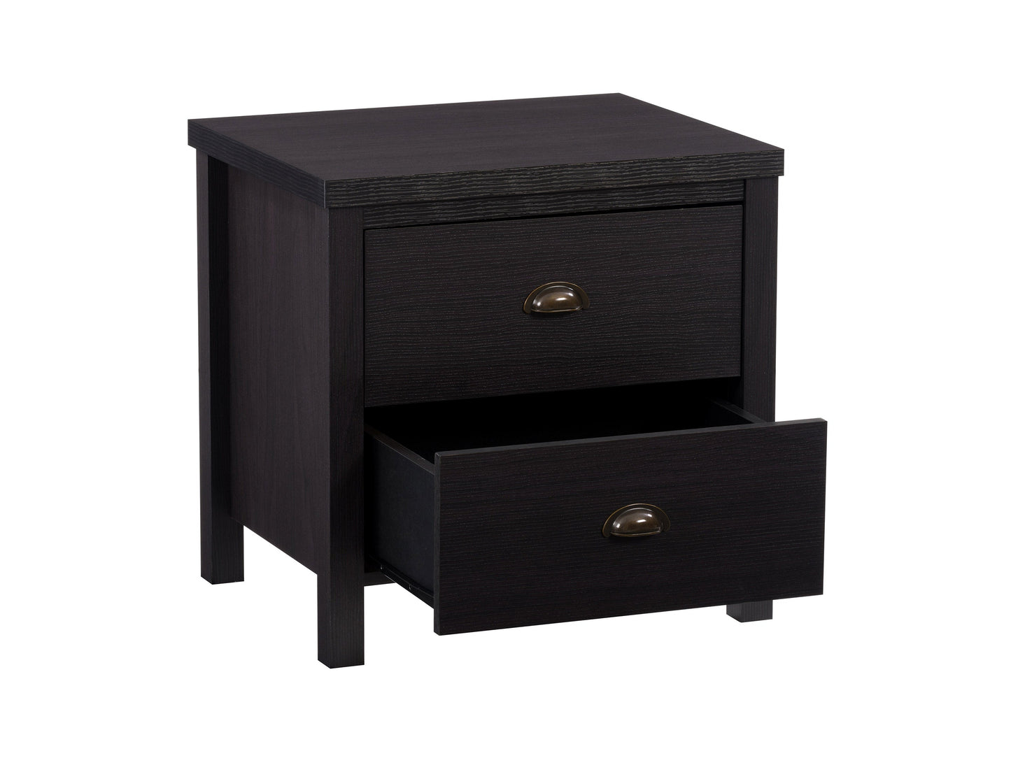 Black 2 drawer night stand with sleek modern design, featuring minimalist handles, smooth matte finish, and sturdy wooden construction. Ideal for bedroom storage and organization.