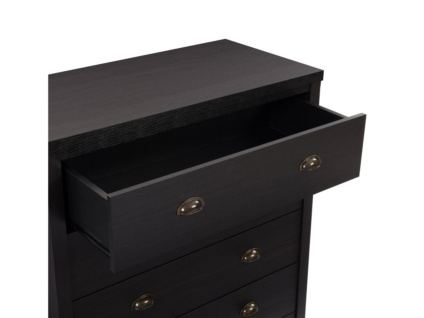 Sleek black 5-drawer dresser with modern metal handles, smooth matte finish, and sturdy wooden construction, perfect for contemporary bedroom storage and organization.