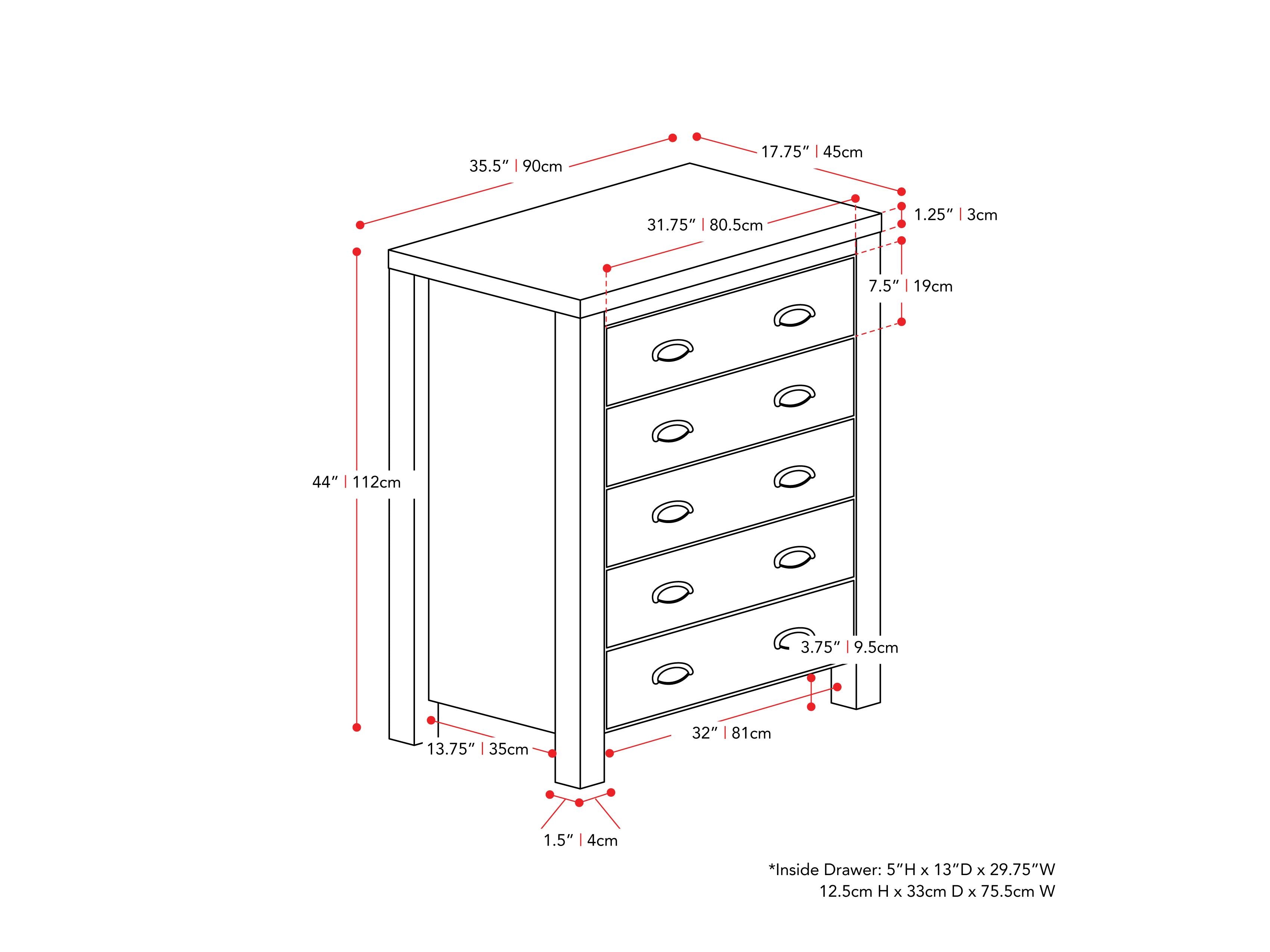 Sleek black 5-drawer dresser with modern metal handles, smooth matte finish, and sturdy wooden construction, perfect for contemporary bedroom storage and organization.