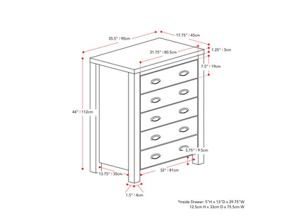 Sleek black 5-drawer dresser with modern metal handles, smooth matte finish, and sturdy wooden construction, perfect for contemporary bedroom storage and organization.