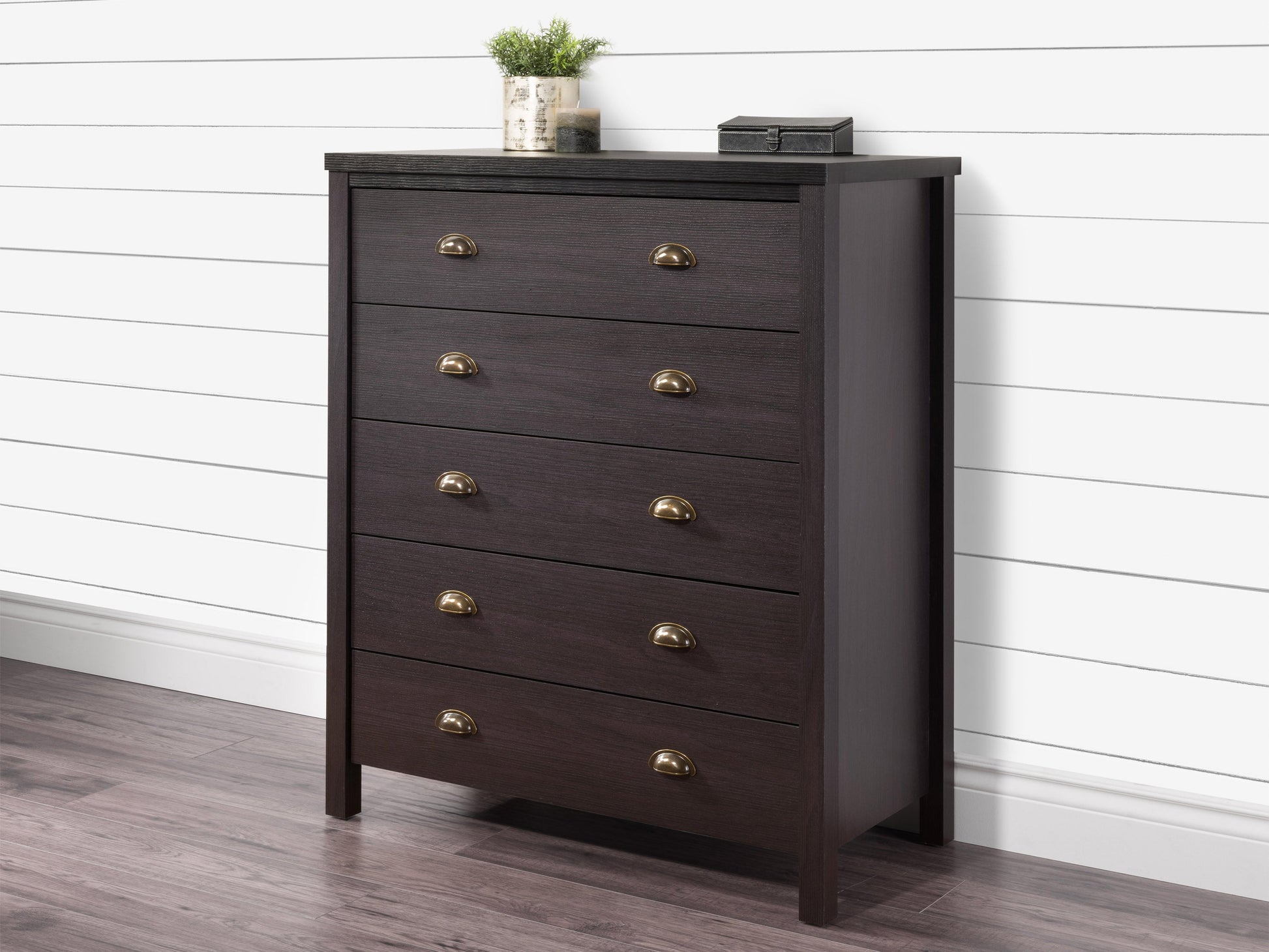 Sleek black 5-drawer dresser with modern metal handles, smooth matte finish, and sturdy wooden construction, perfect for contemporary bedroom storage and organization.