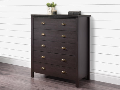 Sleek black 5-drawer dresser with modern metal handles, smooth matte finish, and sturdy wooden construction, perfect for contemporary bedroom storage and organization.