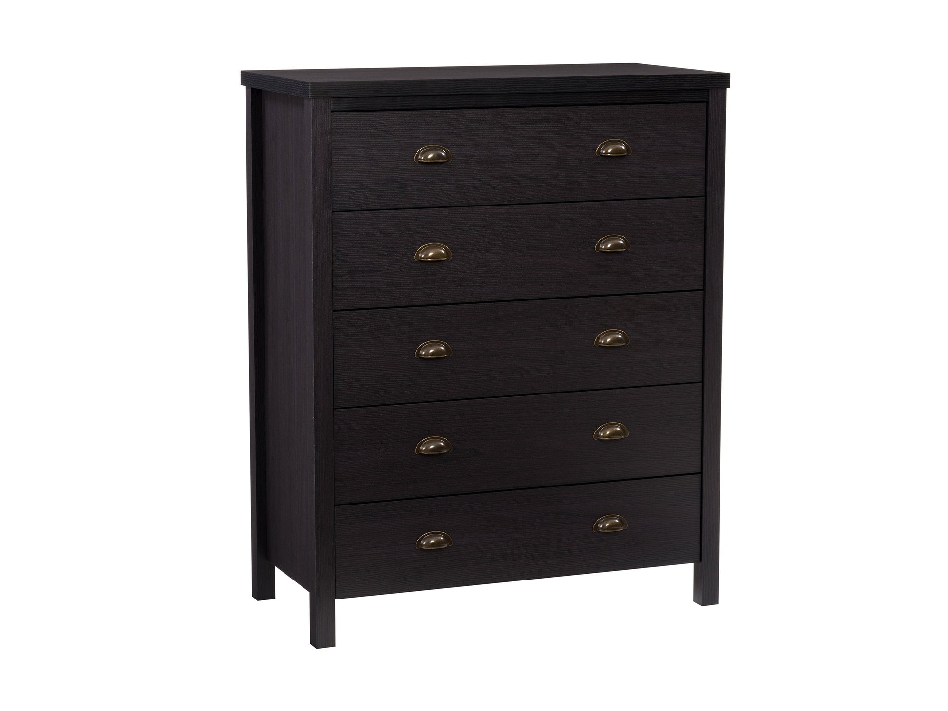 Sleek black 5-drawer dresser with modern metal handles, smooth matte finish, and sturdy wooden construction, perfect for contemporary bedroom storage and organization.