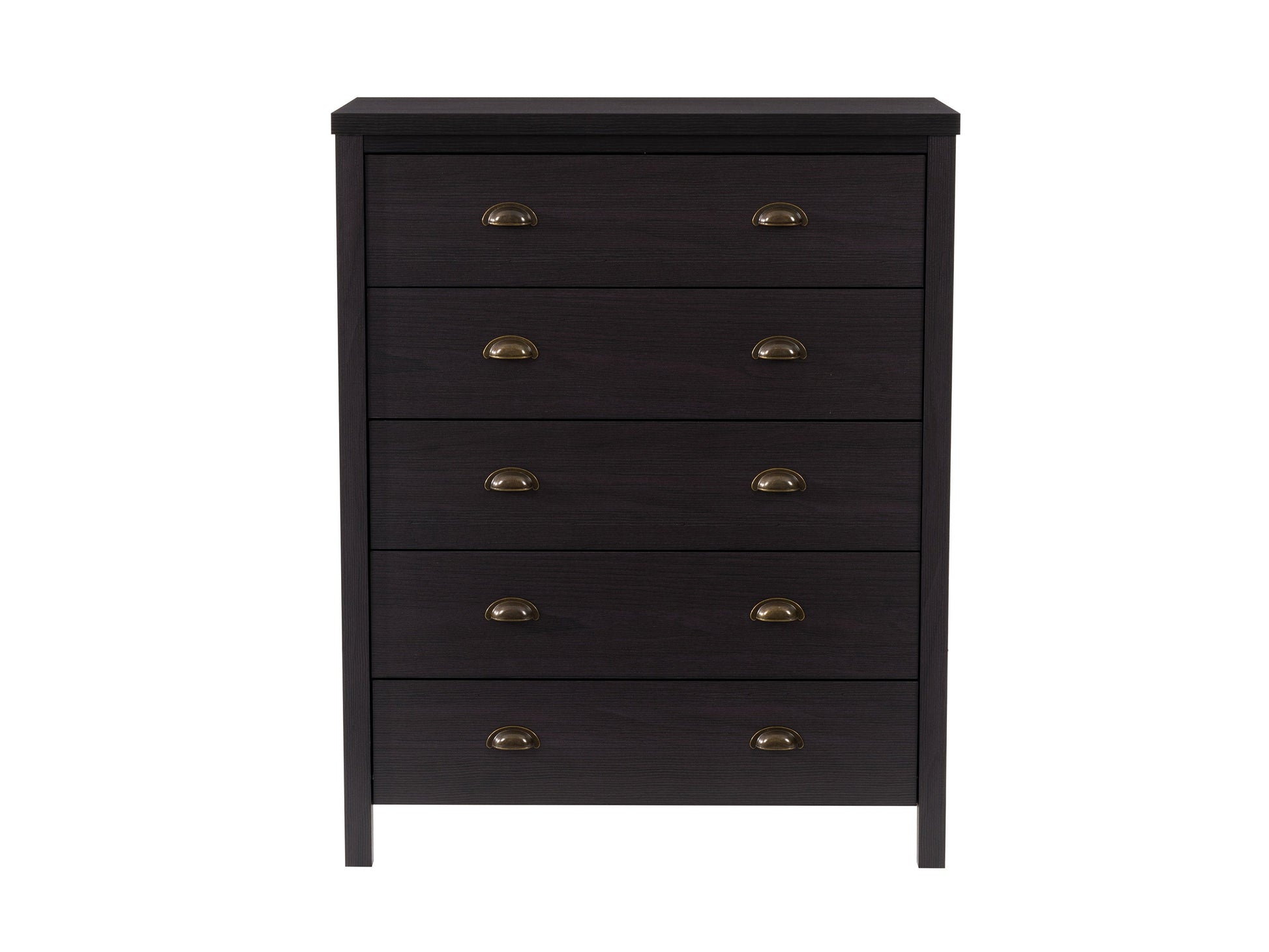 Sleek black 5-drawer dresser with modern metal handles, smooth matte finish, and sturdy wooden construction, perfect for contemporary bedroom storage and organization.