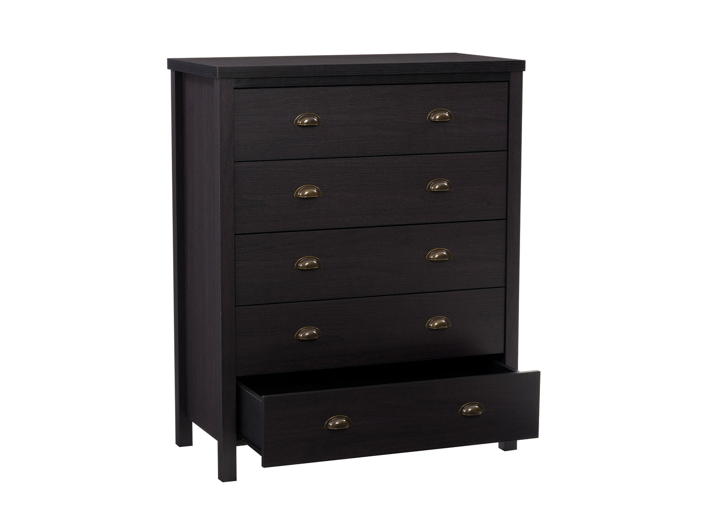 Sleek black 5-drawer dresser with modern metal handles, smooth matte finish, and sturdy wooden construction, perfect for contemporary bedroom storage and organization.