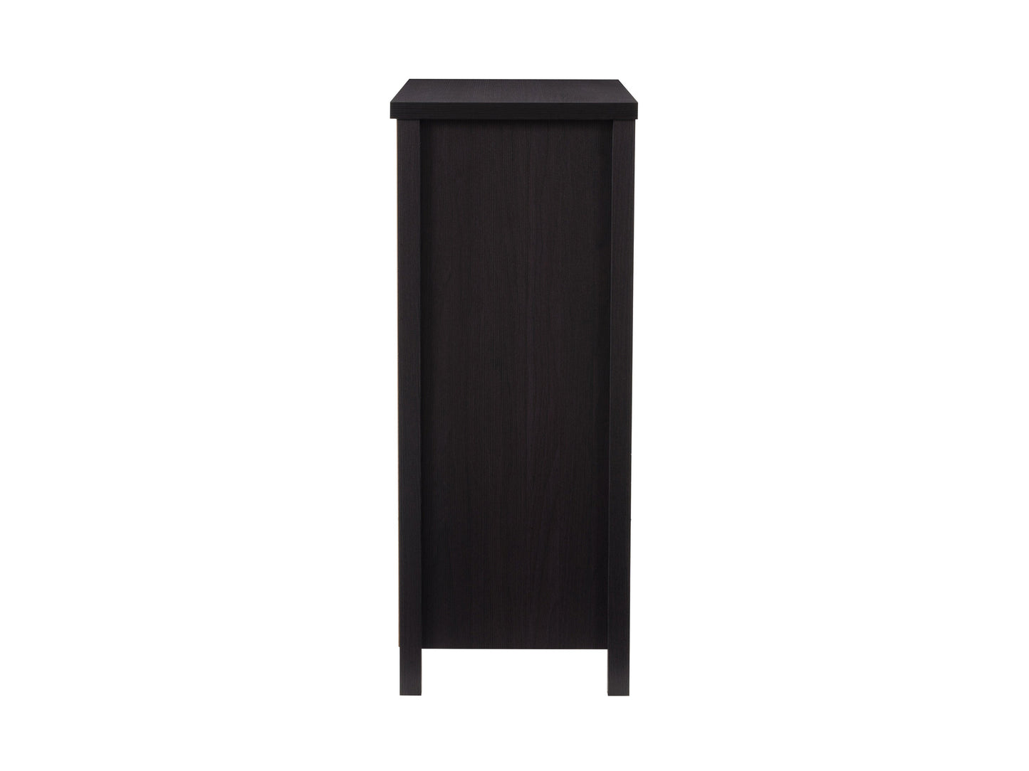 Sleek black 5-drawer dresser with modern metal handles, smooth matte finish, and sturdy wooden construction, perfect for contemporary bedroom storage and organization.