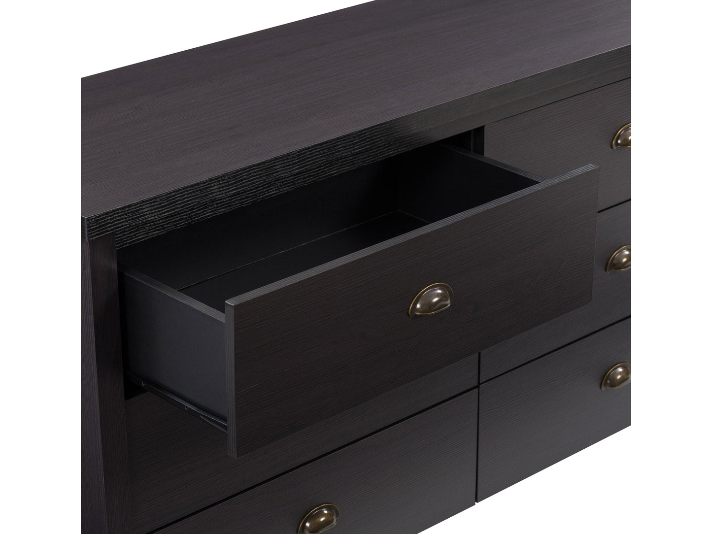 Black 6-drawer dresser with sleek metal handles, made from durable wood, featuring a smooth matte finish and modern minimalist design, perfect for bedroom storage and organization.