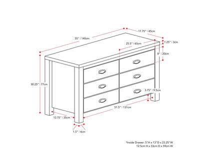 Black 6-drawer dresser with sleek metal handles, made from durable wood, featuring a smooth matte finish and modern minimalist design, perfect for bedroom storage and organization.