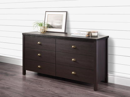 Black 6-drawer dresser with sleek metal handles, made from durable wood, featuring a smooth matte finish and modern minimalist design, perfect for bedroom storage and organization.