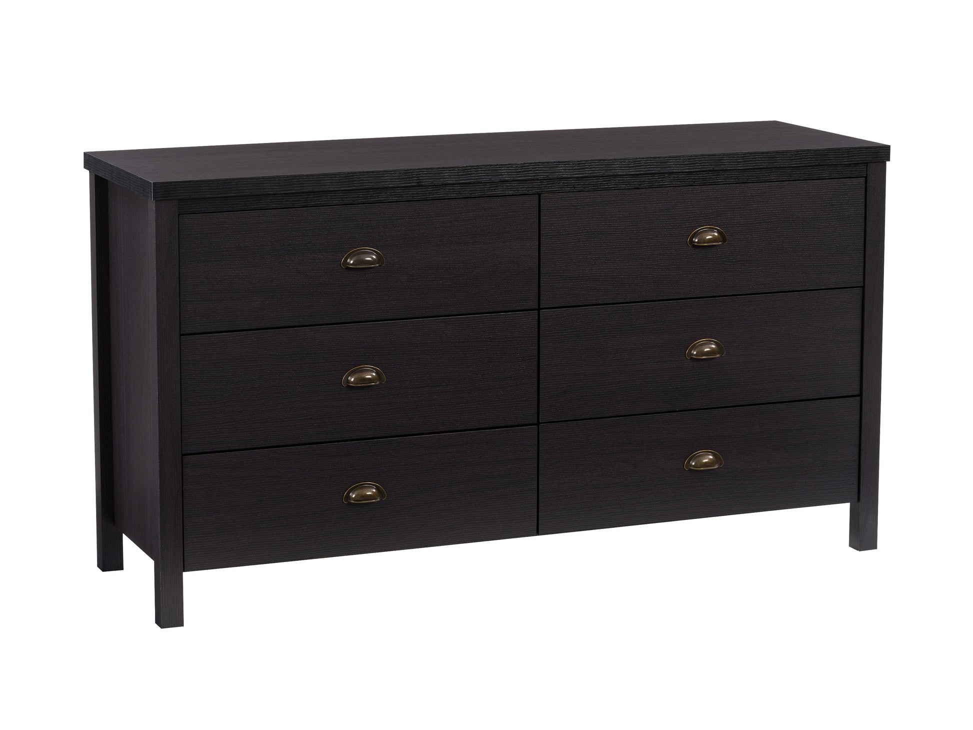 Black 6-drawer dresser with sleek metal handles, made from durable wood, featuring a smooth matte finish and modern minimalist design, perfect for bedroom storage and organization.