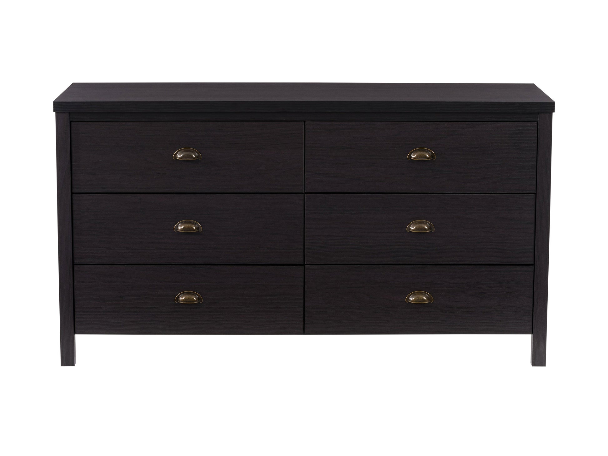 Black 6-drawer dresser with sleek metal handles, made from durable wood, featuring a smooth matte finish and modern minimalist design, perfect for bedroom storage and organization.