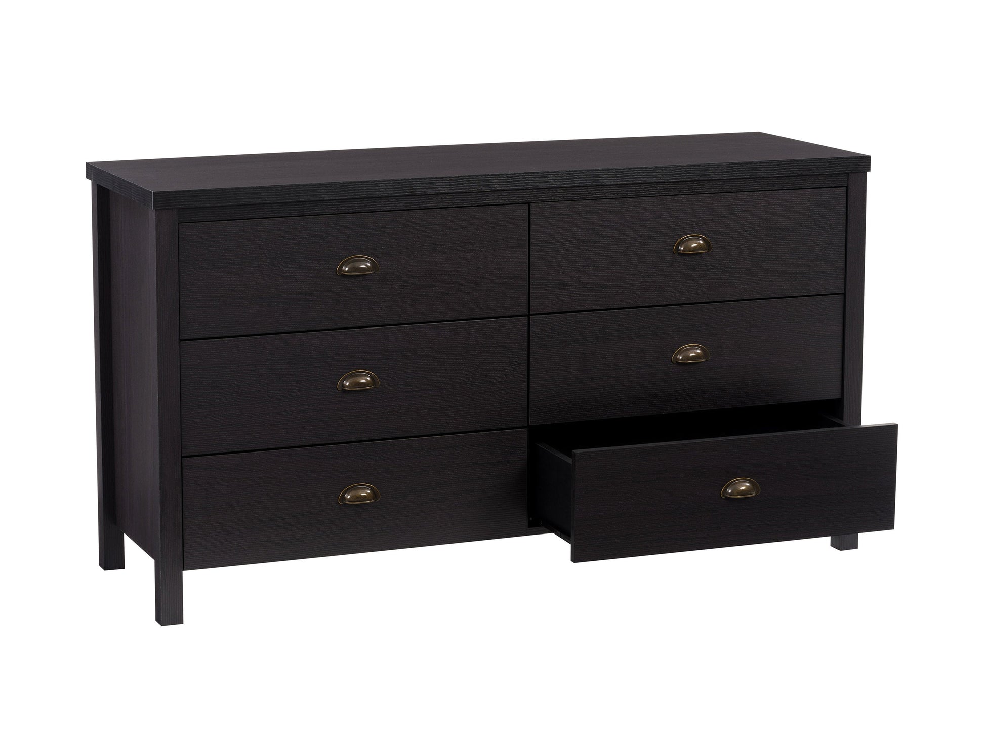 Black 6-drawer dresser with sleek metal handles, made from durable wood, featuring a smooth matte finish and modern minimalist design, perfect for bedroom storage and organization.