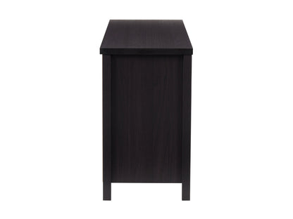 Black 6-drawer dresser with sleek metal handles, made from durable wood, featuring a smooth matte finish and modern minimalist design, perfect for bedroom storage and organization.