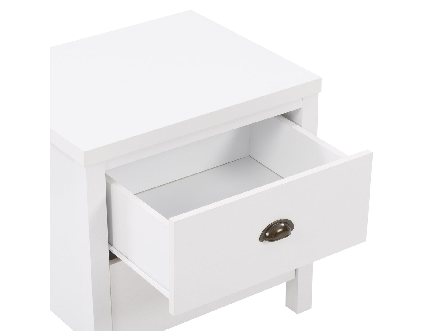 White wooden 2-drawer night stand with sleek metal handles, smooth finish, and modern design. Ideal for bedroom storage and decor.