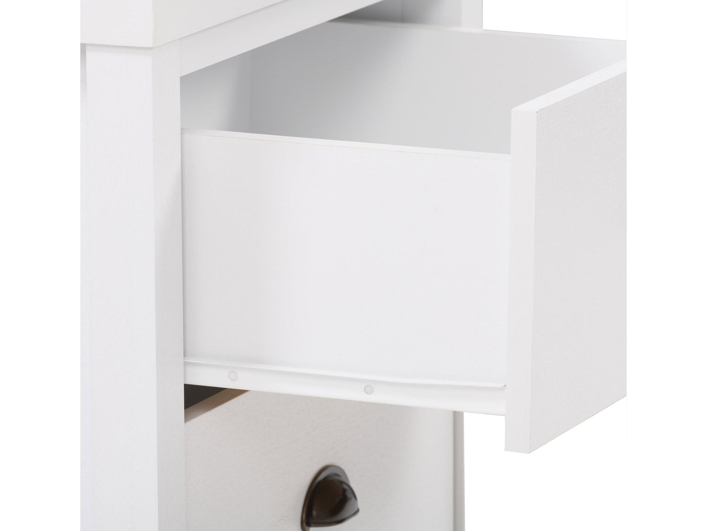 White wooden 2-drawer night stand with sleek metal handles, smooth finish, and modern design. Ideal for bedroom storage and decor.