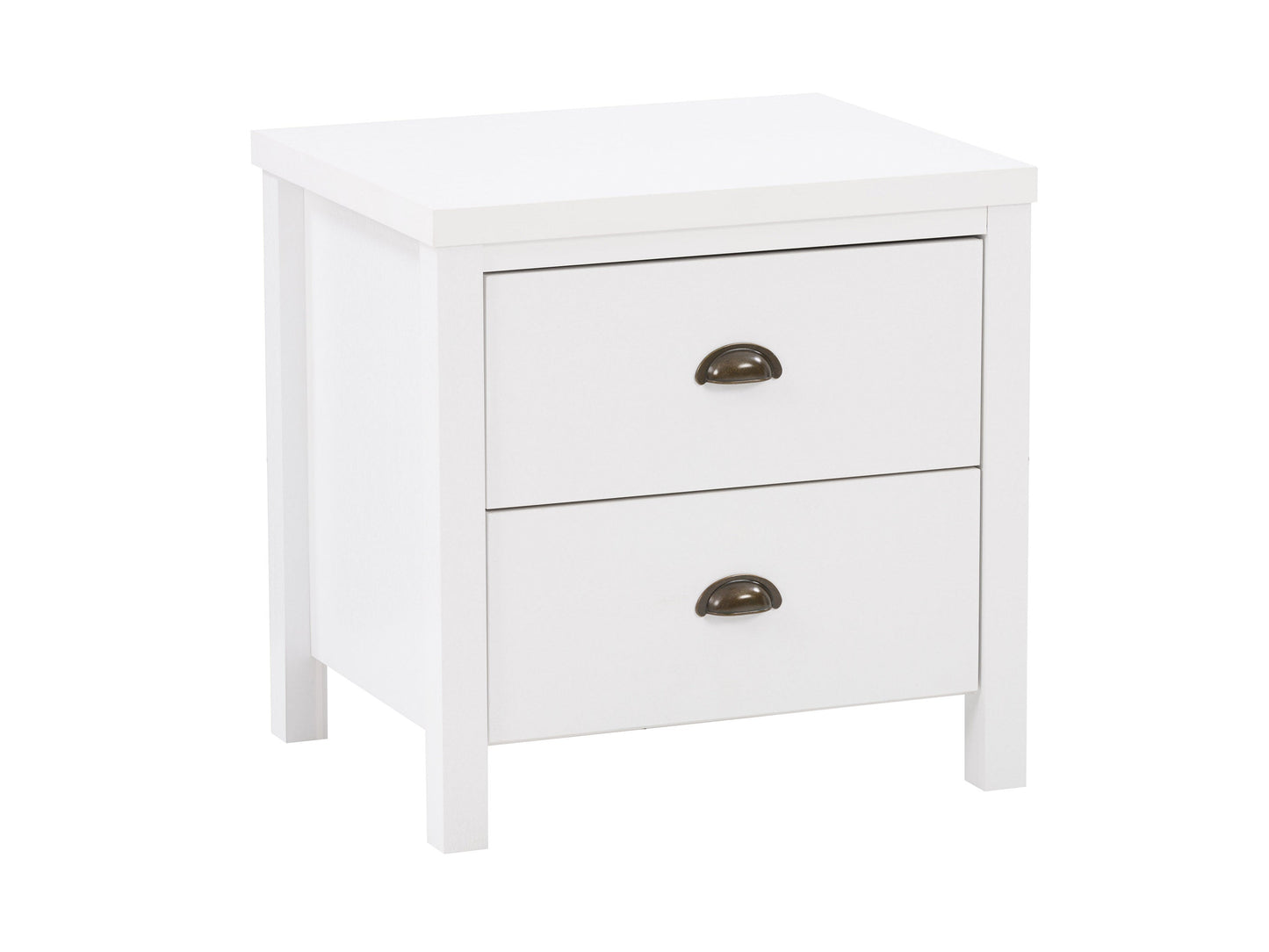 White wooden 2-drawer night stand with sleek metal handles, smooth finish, and modern design. Ideal for bedroom storage and decor.