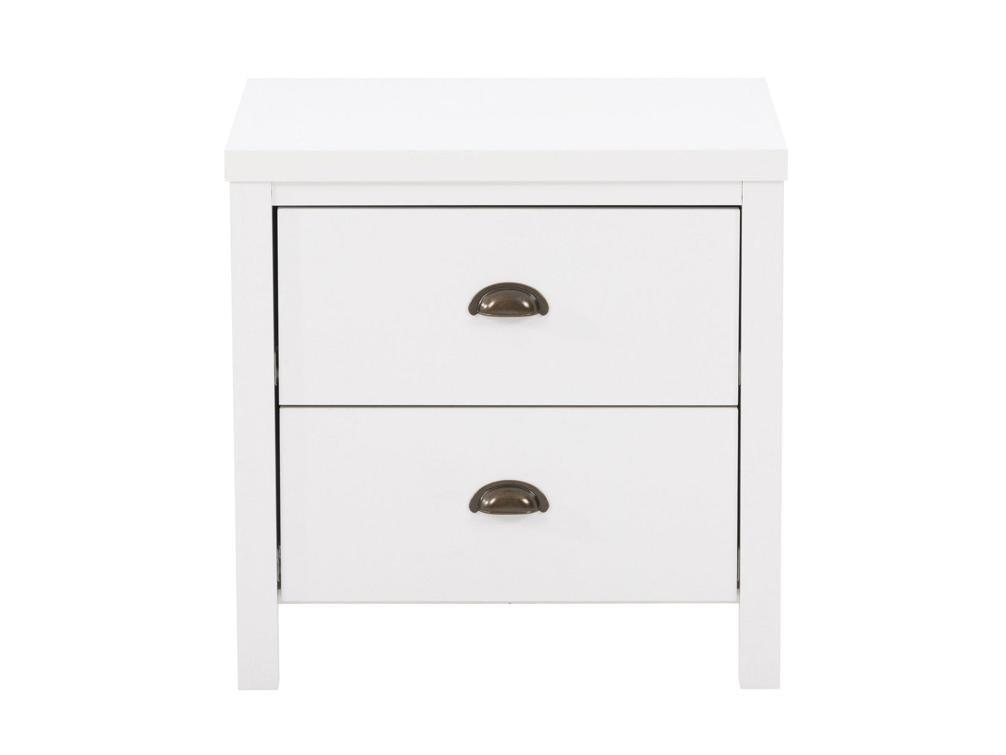 White wooden 2-drawer night stand with sleek metal handles, smooth finish, and modern design. Ideal for bedroom storage and decor.