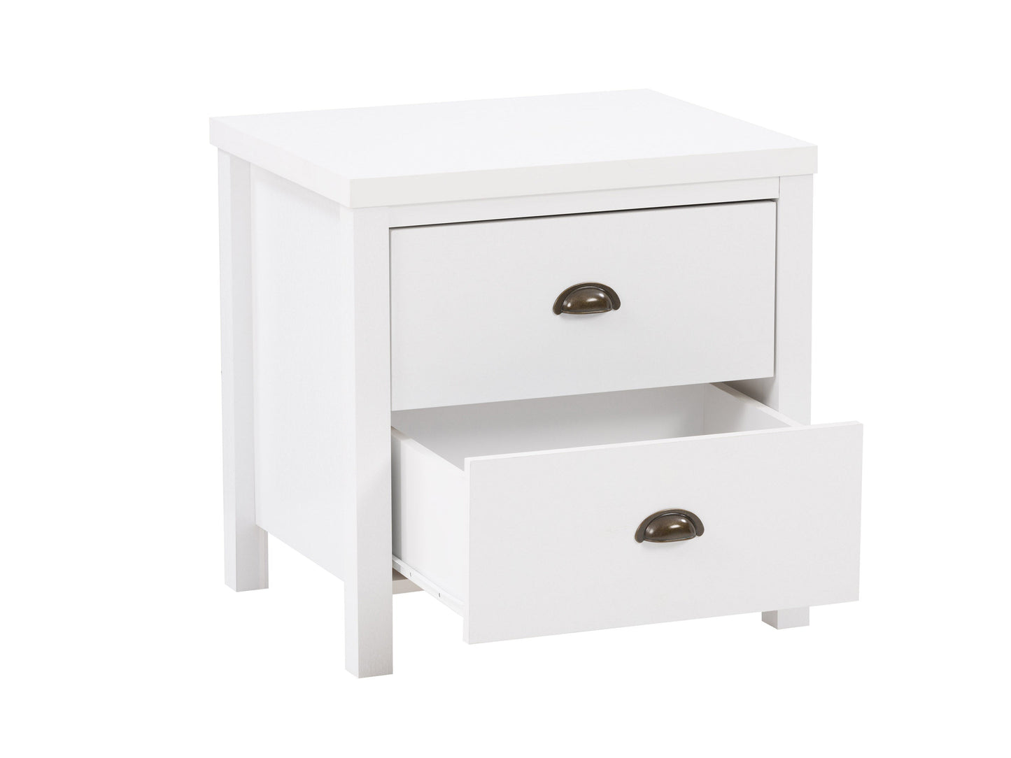 White wooden 2-drawer night stand with sleek metal handles, smooth finish, and modern design. Ideal for bedroom storage and decor.