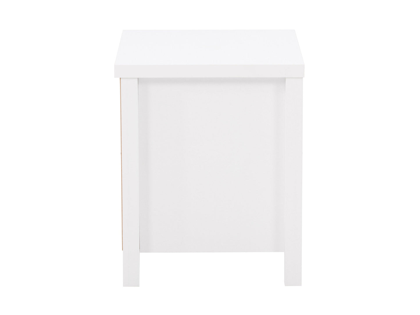 White wooden 2-drawer night stand with sleek metal handles, smooth finish, and modern design. Ideal for bedroom storage and decor.