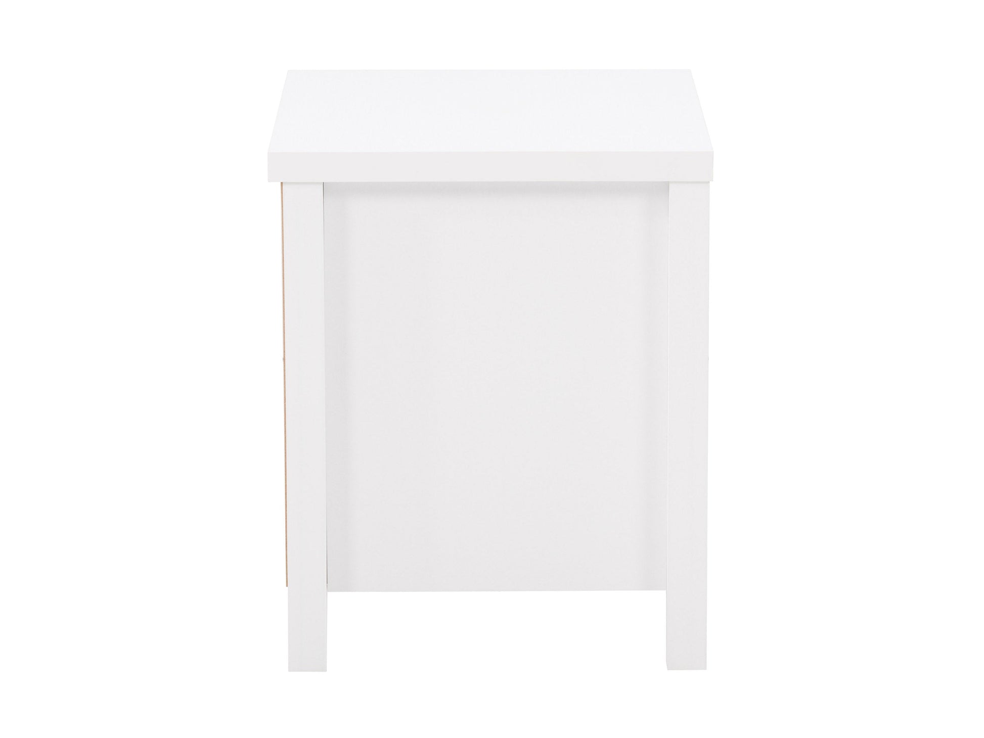 White wooden 2-drawer night stand with sleek metal handles, smooth finish, and modern design. Ideal for bedroom storage and decor.