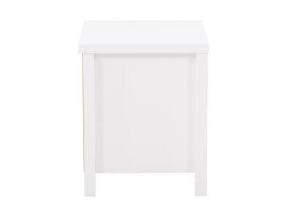 White wooden 2-drawer night stand with sleek metal handles, smooth finish, and modern design. Ideal for bedroom storage and decor.