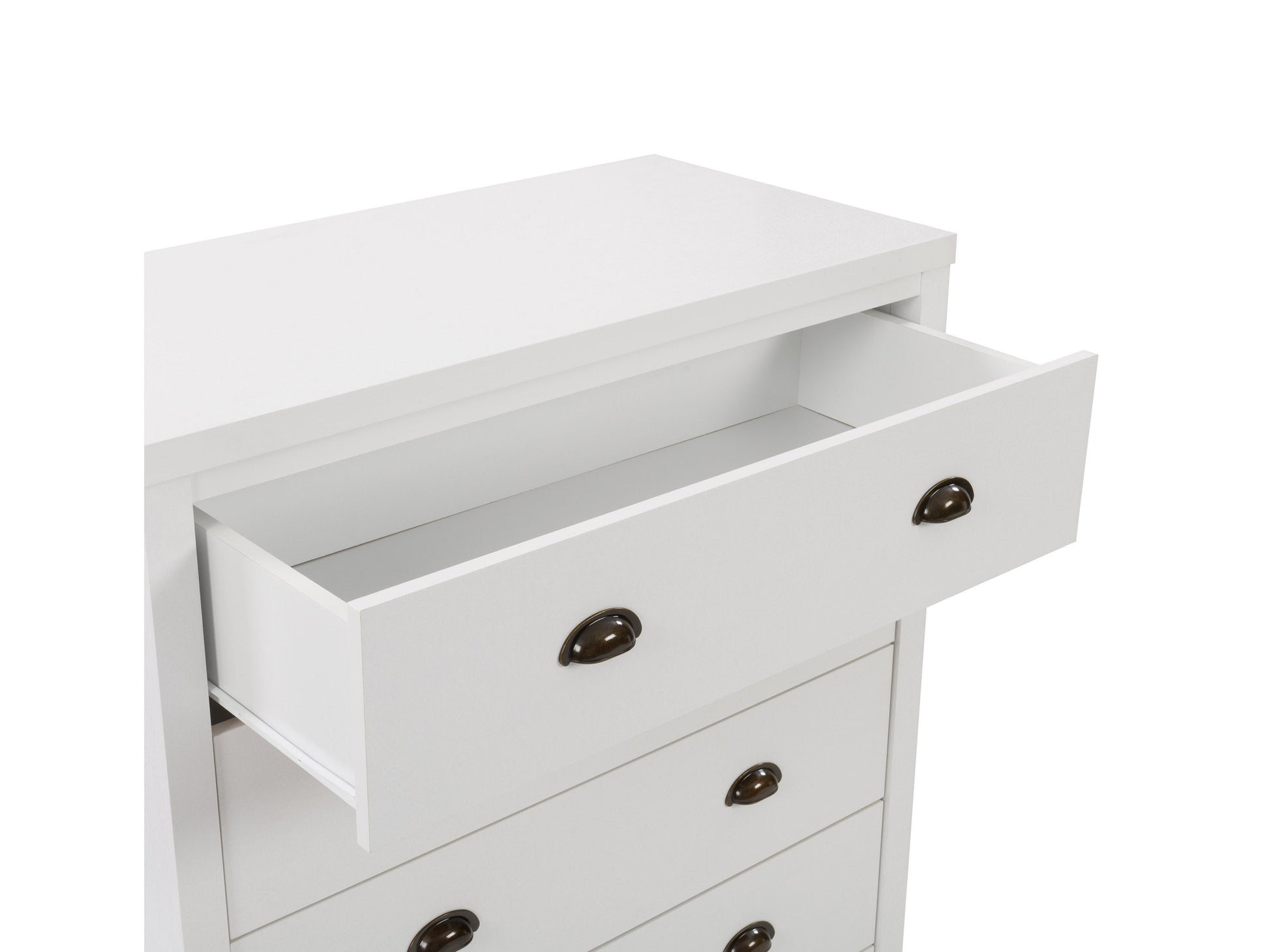 White 5-drawer dresser with sleek modern design, featuring smooth white finish, minimalist metal handles, and sturdy construction. Ideal for bedroom storage, blending seamlessly with contemporary decor.