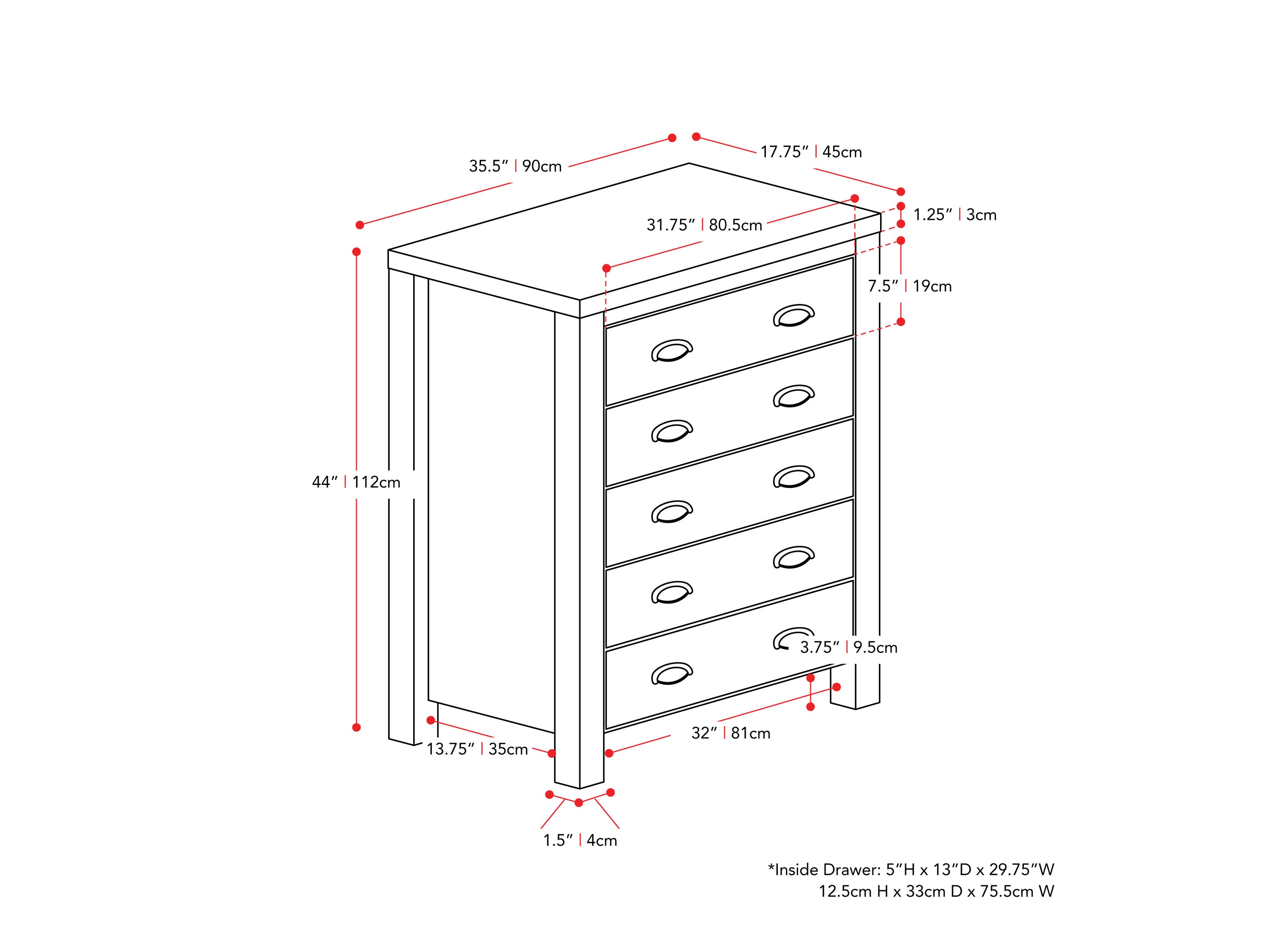 White 5-drawer dresser with sleek modern design, featuring smooth white finish, minimalist metal handles, and sturdy construction. Ideal for bedroom storage, blending seamlessly with contemporary decor.