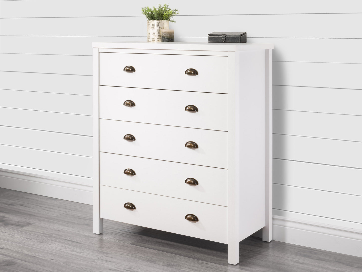 White 5-drawer dresser with sleek modern design, featuring smooth white finish, minimalist metal handles, and sturdy construction. Ideal for bedroom storage, blending seamlessly with contemporary decor.