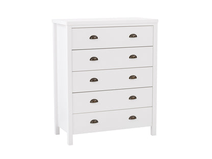 White 5-drawer dresser with sleek modern design, featuring smooth white finish, minimalist metal handles, and sturdy construction. Ideal for bedroom storage, blending seamlessly with contemporary decor.