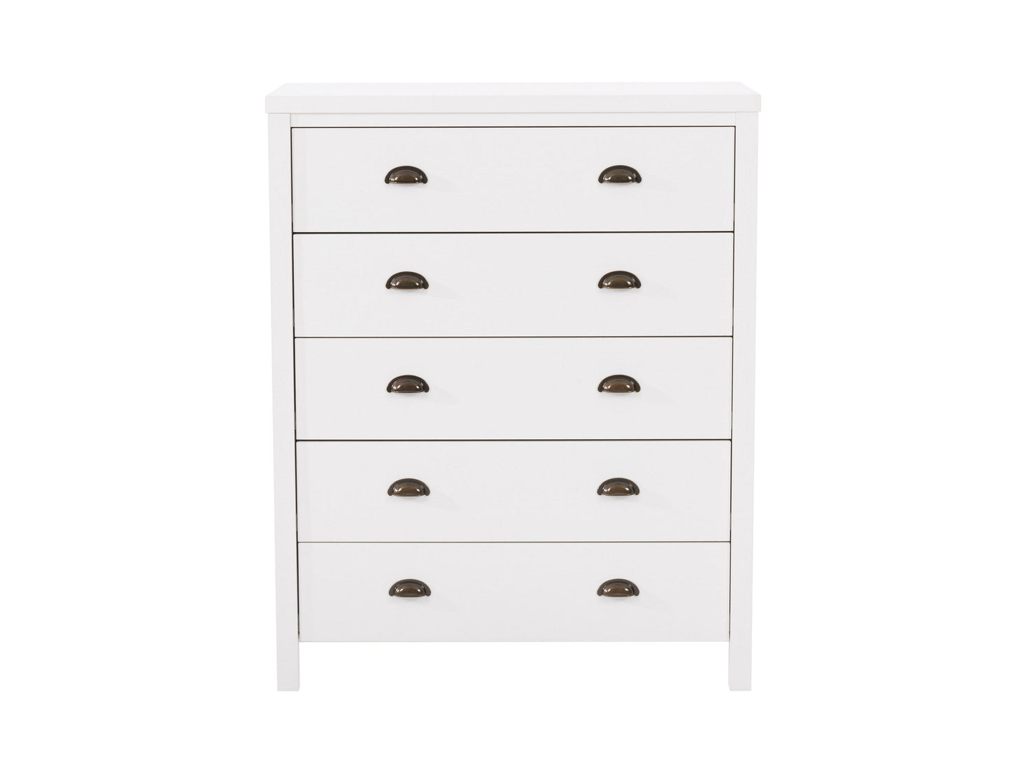 White 5-drawer dresser with sleek modern design, featuring smooth white finish, minimalist metal handles, and sturdy construction. Ideal for bedroom storage, blending seamlessly with contemporary decor.