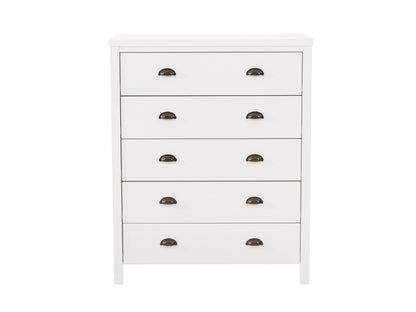 White 5-drawer dresser with sleek modern design, featuring smooth white finish, minimalist metal handles, and sturdy construction. Ideal for bedroom storage, blending seamlessly with contemporary decor.