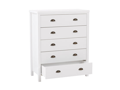 White 5-drawer dresser with sleek modern design, featuring smooth white finish, minimalist metal handles, and sturdy construction. Ideal for bedroom storage, blending seamlessly with contemporary decor.