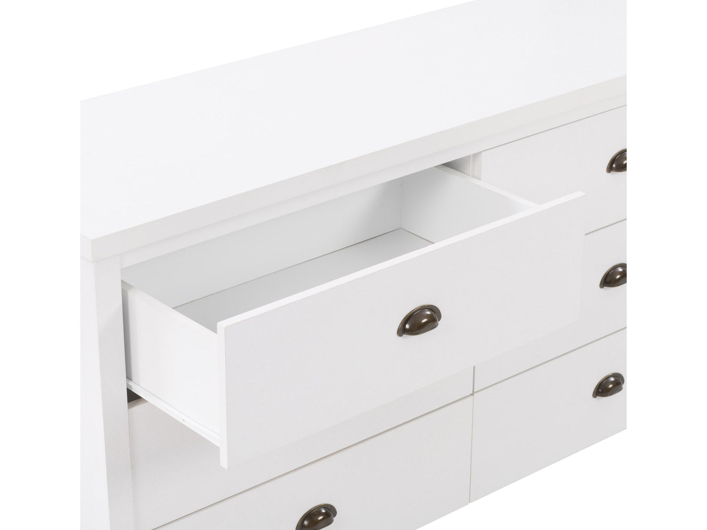 White 6 drawer dresser with sleek modern design, featuring minimalist metal handles, smooth matte finish, and sturdy wooden construction, ideal for bedroom storage and organization.