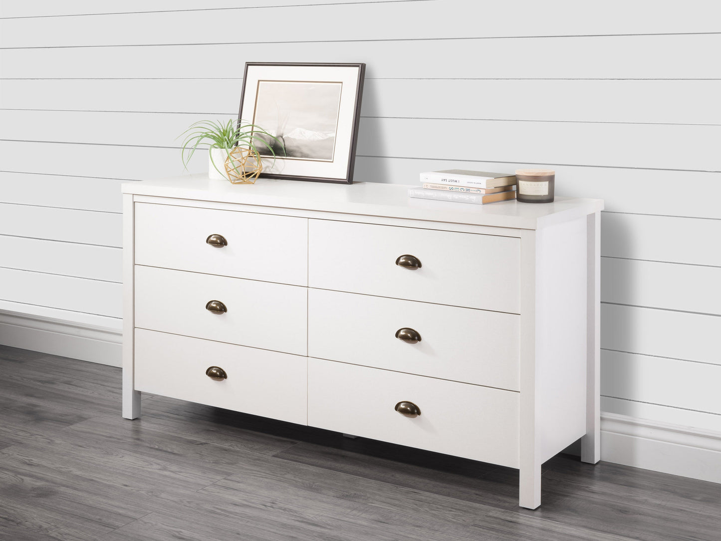 White 6 drawer dresser with sleek modern design, featuring minimalist metal handles, smooth matte finish, and sturdy wooden construction, ideal for bedroom storage and organization.