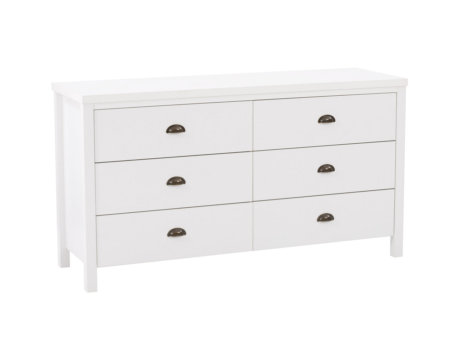 White 6 drawer dresser with sleek modern design, featuring minimalist metal handles, smooth matte finish, and sturdy wooden construction, ideal for bedroom storage and organization.