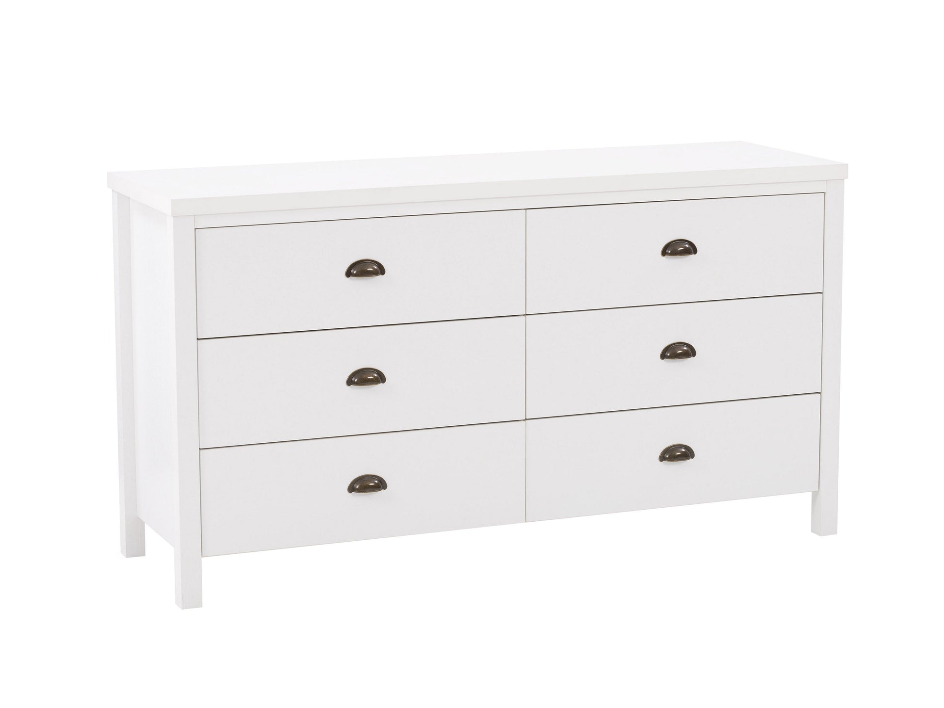 White 6 drawer dresser with sleek modern design, featuring minimalist metal handles, smooth matte finish, and sturdy wooden construction, ideal for bedroom storage and organization.