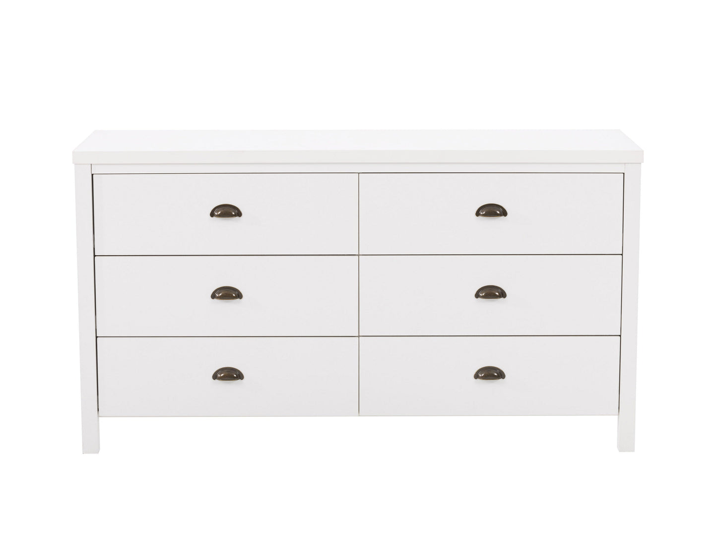 White 6 drawer dresser with sleek modern design, featuring minimalist metal handles, smooth matte finish, and sturdy wooden construction, ideal for bedroom storage and organization.