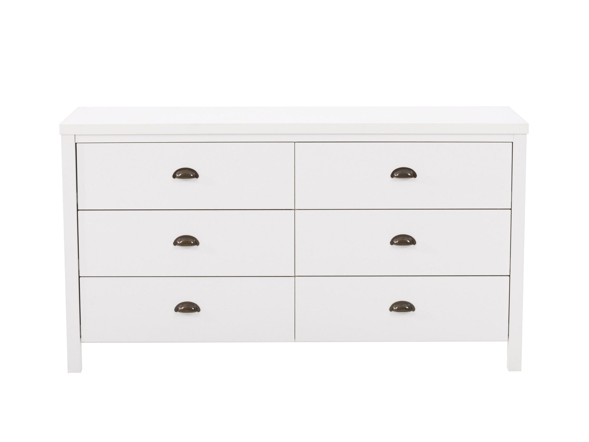 White 6 drawer dresser with sleek modern design, featuring minimalist metal handles, smooth matte finish, and sturdy wooden construction, ideal for bedroom storage and organization.