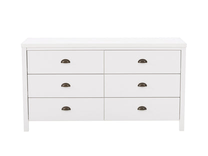 White 6 drawer dresser with sleek modern design, featuring minimalist metal handles, smooth matte finish, and sturdy wooden construction, ideal for bedroom storage and organization.