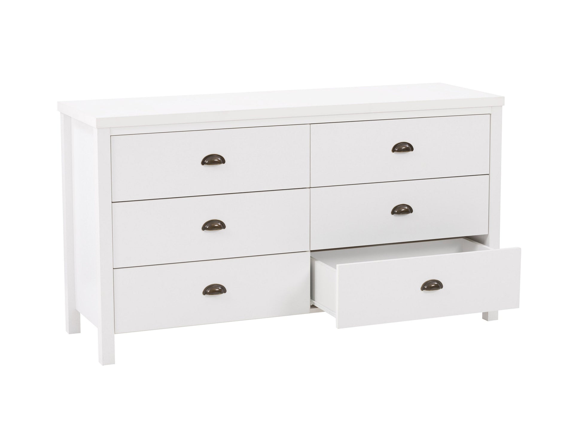 White 6 drawer dresser with sleek modern design, featuring minimalist metal handles, smooth matte finish, and sturdy wooden construction, ideal for bedroom storage and organization.