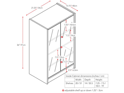 Dark wood media storage cabinet with doors, 21 inches tall, featuring sleek metal handles, adjustable shelves, and a modern design perfect for organizing DVDs, games, and electronics in a stylish living room setup.