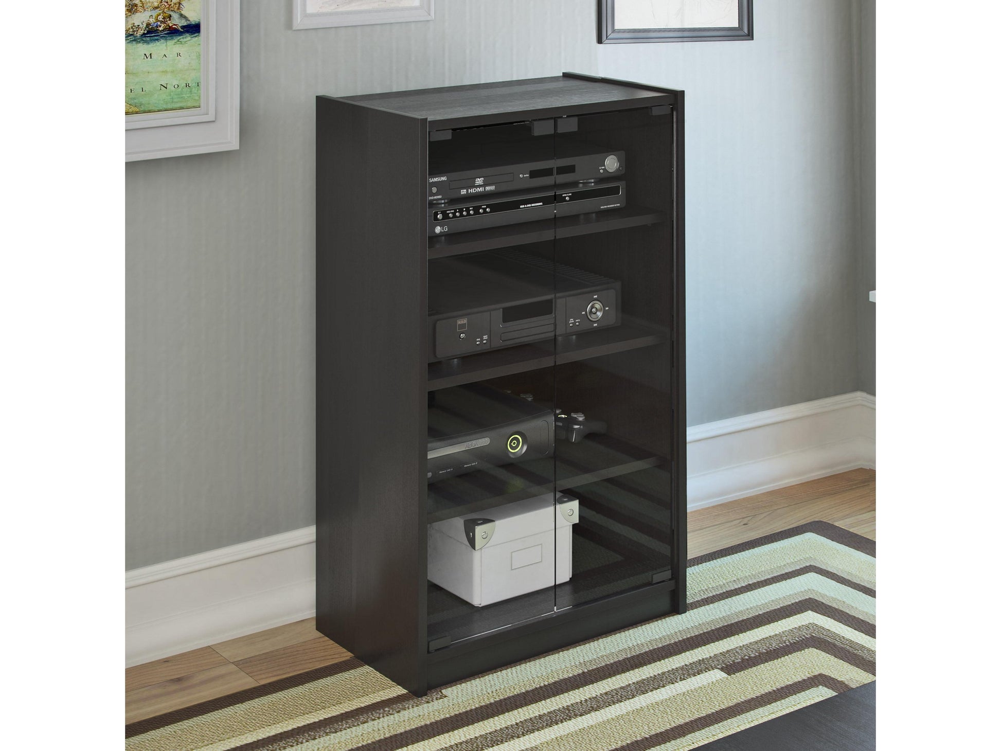 Dark wood media storage cabinet with doors, 21 inches tall, featuring sleek metal handles, adjustable shelves, and a modern design perfect for organizing DVDs, games, and electronics in a stylish living room setup.