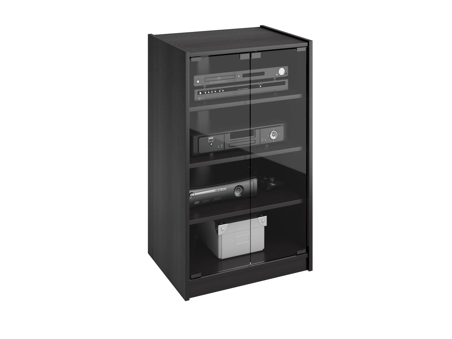 Dark wood media storage cabinet with doors, 21 inches tall, featuring sleek metal handles, adjustable shelves, and a modern design perfect for organizing DVDs, games, and electronics in a stylish living room setup.