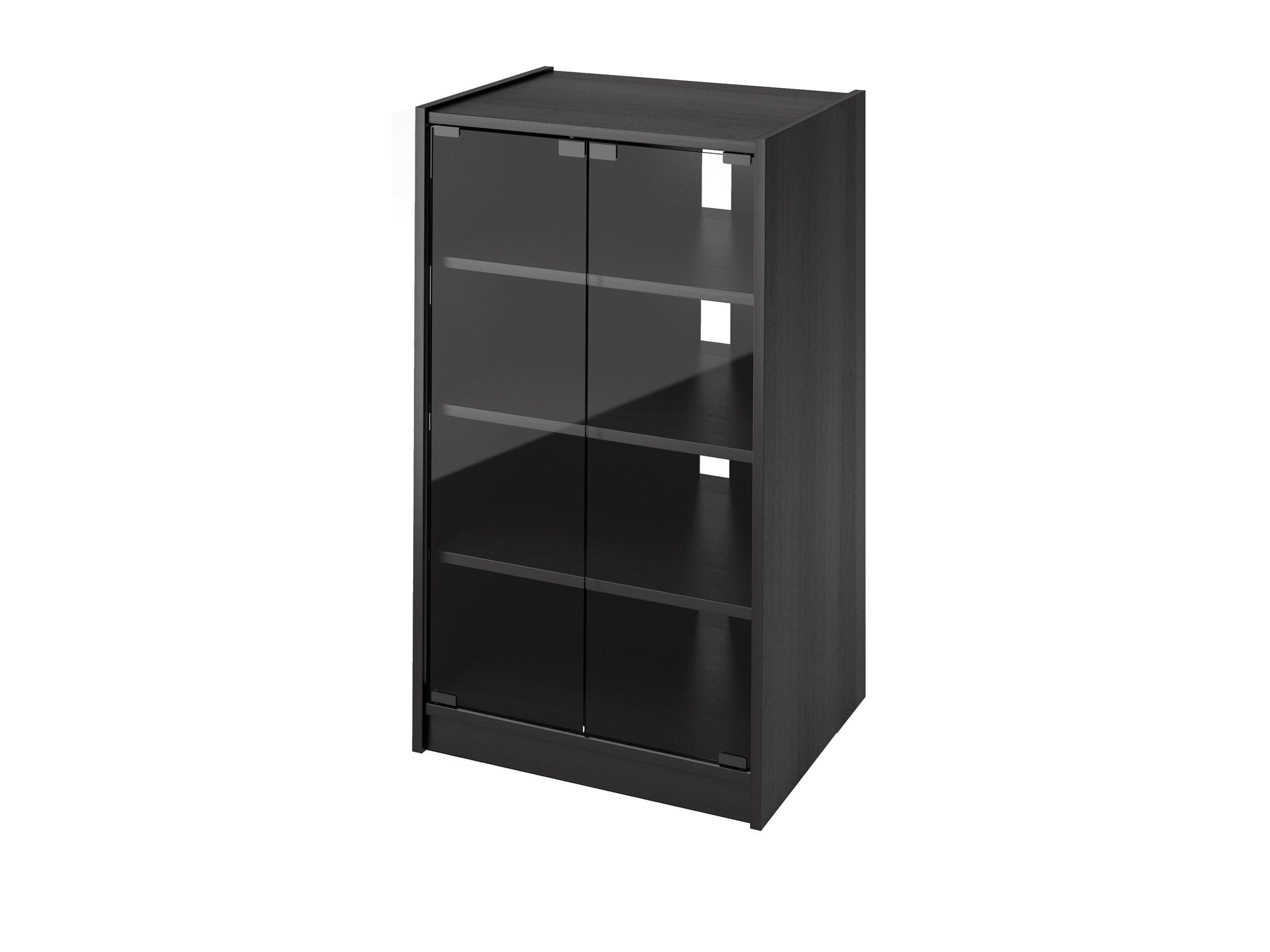 Dark wood media storage cabinet with doors, 21 inches tall, featuring sleek metal handles, adjustable shelves, and a modern design perfect for organizing DVDs, games, and electronics in a stylish living room setup.