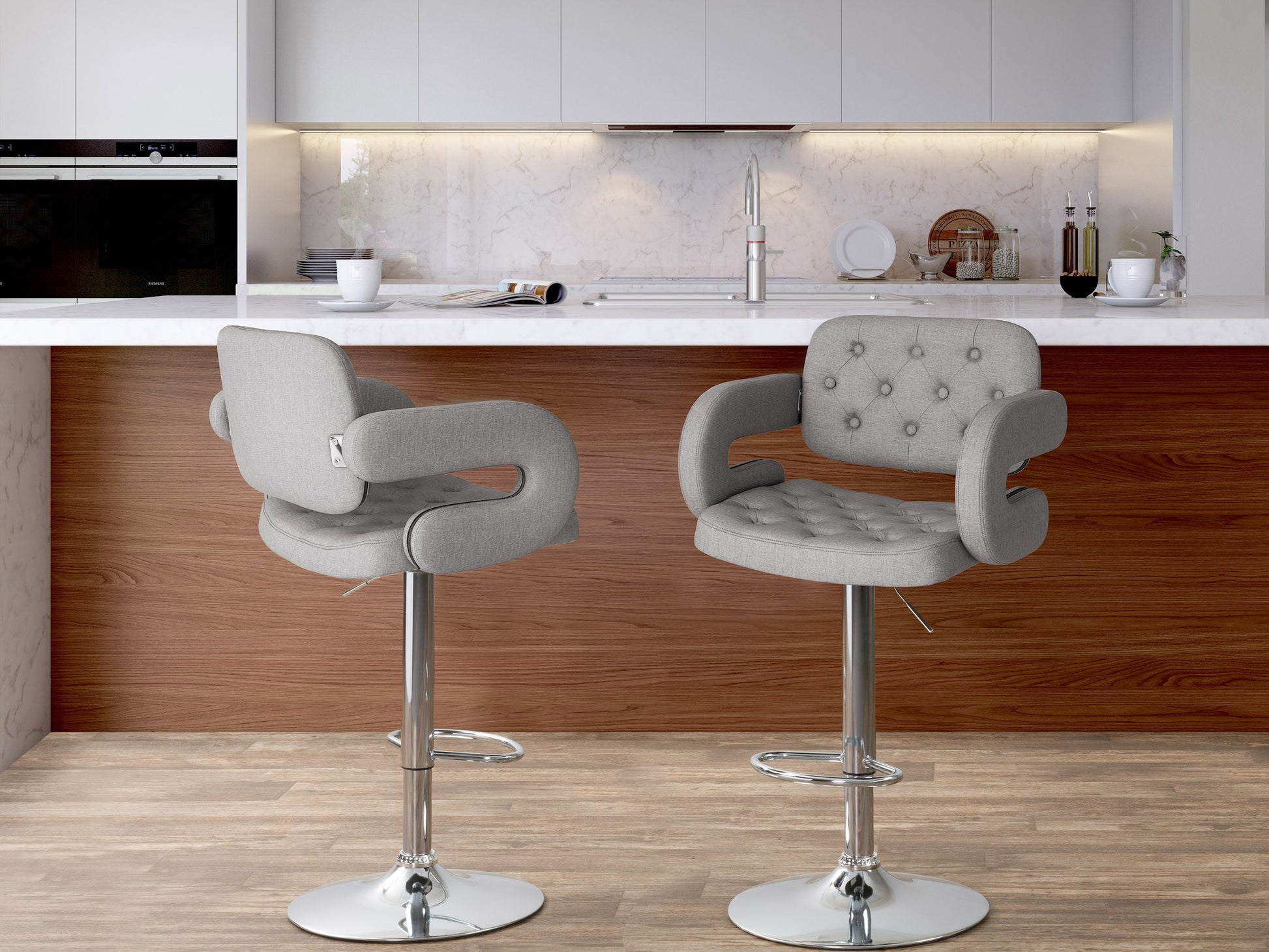 Medium grey bar stools with arms, set of 2, featuring cushioned seats, sleek metal legs, and a modern design. Perfect for kitchen islands or home bars, these stools offer comfort and contemporary style.