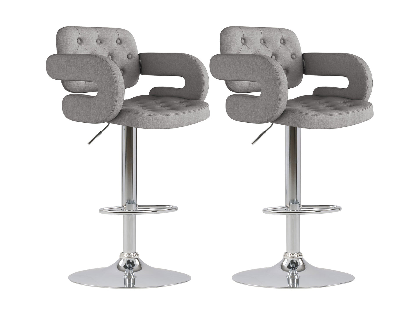 Medium grey bar stools with arms, set of 2, featuring cushioned seats, sleek metal legs, and a modern design. Perfect for kitchen islands or home bars, these stools offer comfort and contemporary style.