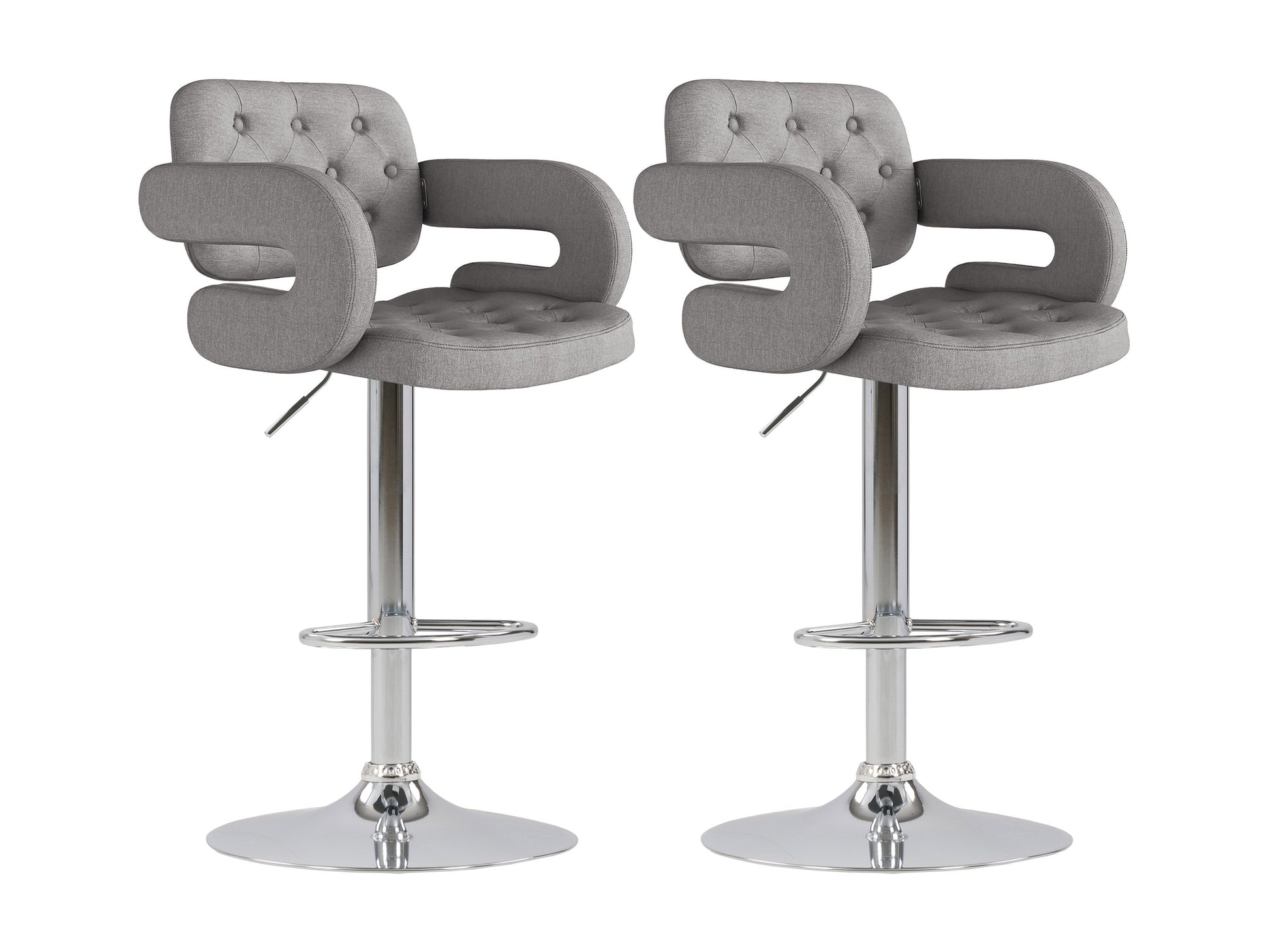 Medium grey bar stools with arms, set of 2, featuring cushioned seats, sleek metal legs, and a modern design. Perfect for kitchen islands or home bars, these stools offer comfort and contemporary style.