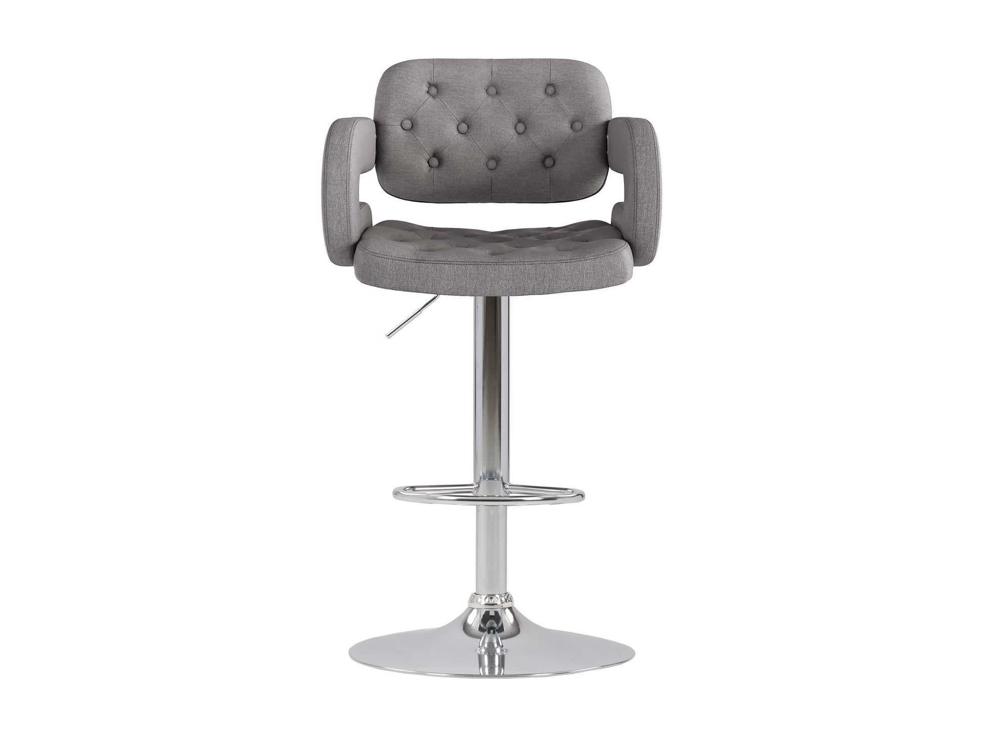 Medium grey bar stools with arms, set of 2, featuring cushioned seats, sleek metal legs, and a modern design. Perfect for kitchen islands or home bars, these stools offer comfort and contemporary style.