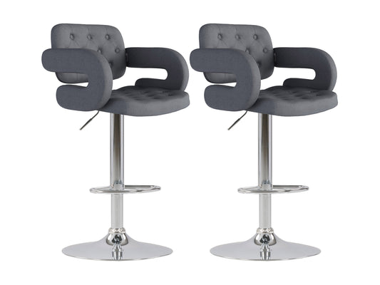 Dark grey bar stools with arms, set of 2, featuring plush fabric upholstery, sleek metal legs, and ergonomic design for enhanced comfort and style. Ideal for modern kitchen islands or home bars.