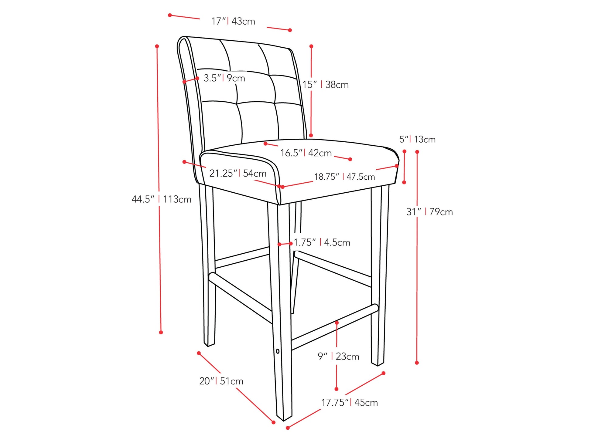 Black bar height stool with cushioned leather seat, sleek metal frame, and footrest. Ideal for modern kitchens and home bars.